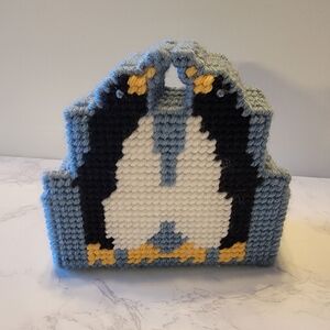 Handmade Penguin Coaster Set w/ basket and 4 coasters on plastic canvas